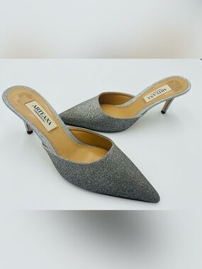 Silver Glitter Pointed Mule Heels